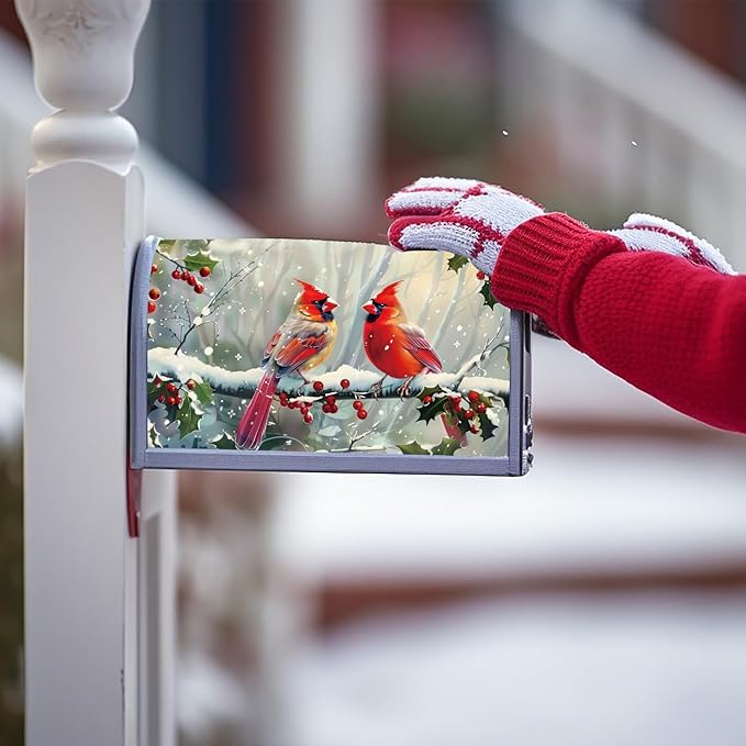 Cardinal Red Birds Mailbox Covers Magnetic, Winter Snow Mailbox Covers Standard Size 18"X21", Christmas Post Letter Box Cover Yard Outdoor Garden Decor