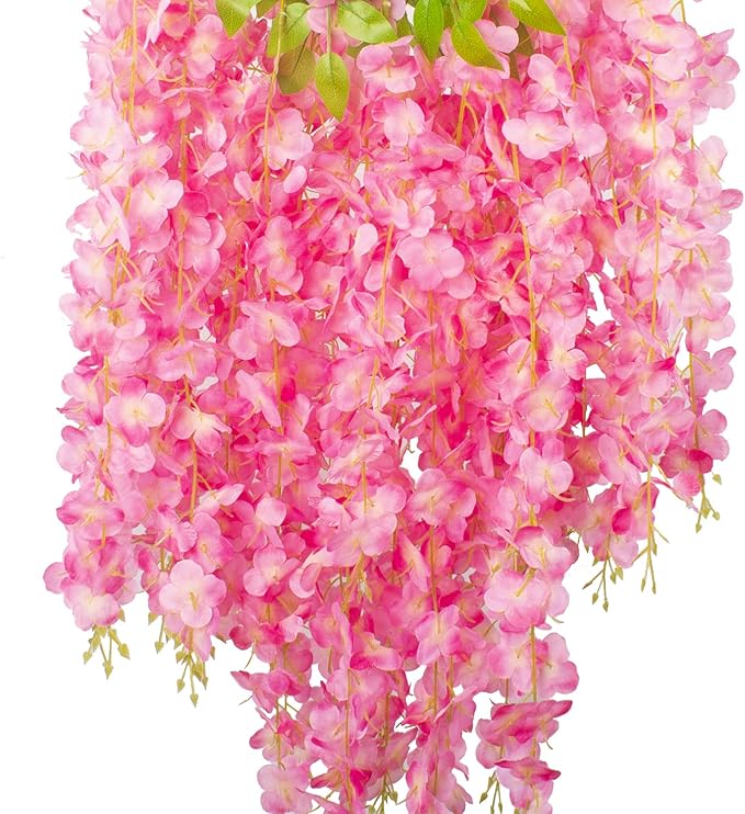 12 Pack Artificial Flowers Silk Wisteria Vine Ratta Hanging Flower (Deep Pink)