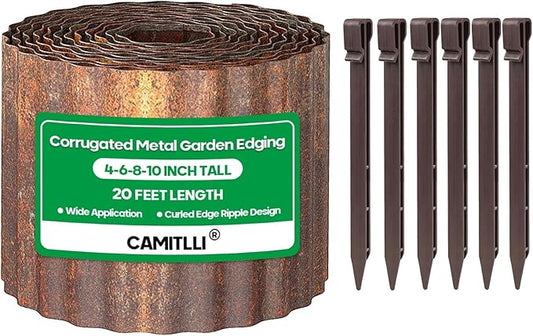 Corrugated Metal Garden Edging,Sturdy Tall Landscape Edging Borders with 6pcs Anchor Stakes, Perfect DIY for Flower Beds, Lawn and Pathway,Tree Surrounds,Paver Edges (Pre-Rusted 10"×20FT)