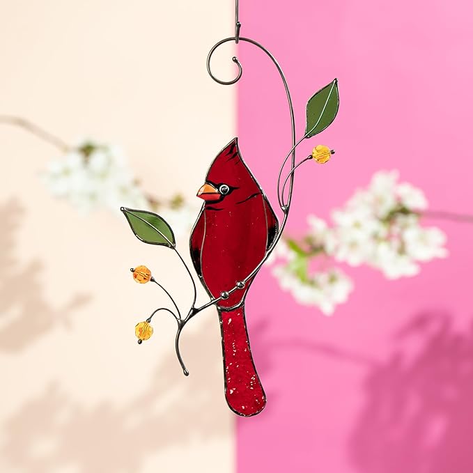 Christmas Stained Glass Ornaments Stained Glass Birds Handmade Product Home & Garden Gift for Mom Grandma (Red Northern Cardinal)
