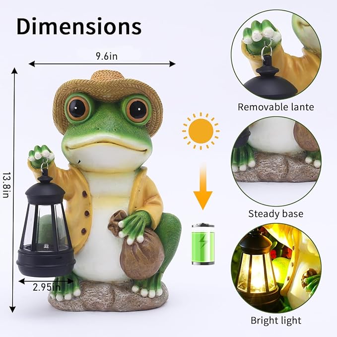 Frog Garden Statue with Solar Lantern - Large 13 in Solar Frog Statue Outdoor for Yard, Patio, Porch, Lawn and Balcony Decorations, Gift for Gardeners and Housewarming