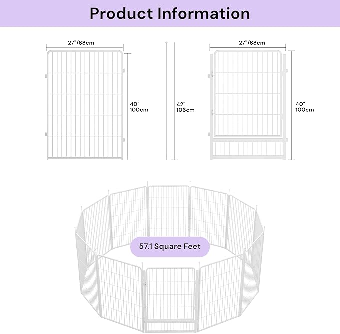 SunsGrove Tall Garden Fence with Gate, 40 in(H) x 26.8 ft(L) 12 Panels Heavy Duty Metal Animal Barrier Fence for Yard, Suitable for Indoor or Outdoor Dog Pet Fence, Garden Fence Border, White