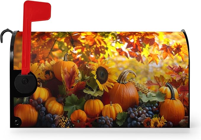 Fall Autumn Pumpkin Mailbox Cover Magnetic Large Size 25.5X21 Inch Harvest Maple Leaves Letter Box Cover Yellow Pumpkins Fall Mail Wraps Post Garden Decorations