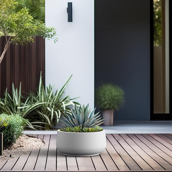 Kante 13.4" Dia Round Curvy Concrete Planter, Large Plant Pots with Drainage Hole and Rubber Plug for Indoor Outdoor Plants, Flower Pot for Home Garden Patio Porch, White