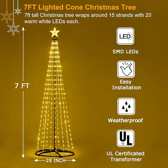 SUNNYPARK Christmas Outdoor Lighted Trees 7FT Prelit Christmas Cone Tree with 310 LEDs 8 Lighting Modes and Timer for Indoor Outdoor Xmas Porch Lawn