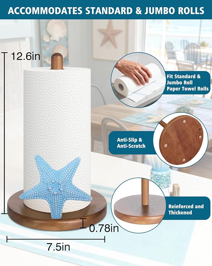 Starfish Ocean Decor for Kitchen & Bathroom, 3D Starfish Gifts for Women, Cute Wooden Paper Towel Holder, Kitchen Accessories, Housewarming Gifts