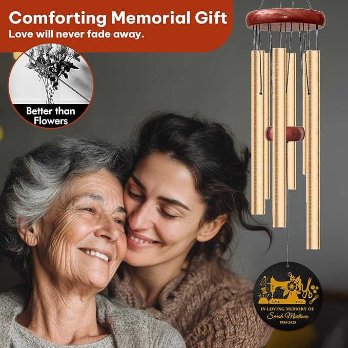 Personalized Sewing Memorial Wind Chime – “in Loving Memory of” Golden Engraved Sewing Machine Design – Custom Name & Years Sympathy Gift for Loss of Loved One – Memorial Windchimes for Craft Lovers