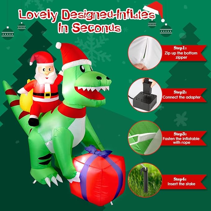 5 Ft Christmas Inflatable Dinosaur with Santa, LED Lights, Indoor Outdoor Holiday Yard Decor, Green T-Rex with Gift Box