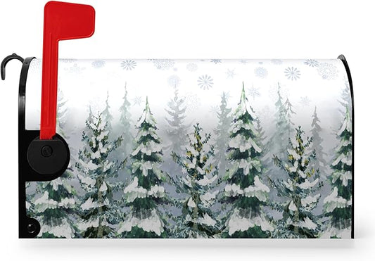 Winter Cedar Magnetic Mailbox Cover Snowy Forest Mailbox Wrap Pine Tree Snowflake Nature Landscape Mail Post Letter Box Cover for Christmas Holiday Garden Yard Decor Standard Size 18" X 21"