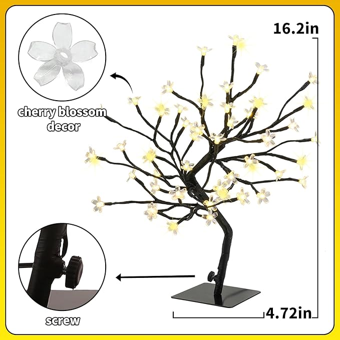 Cherry Blossom Tree Lights,Artificial Bonsai Tree with 48 Warm White LED Lights, 16.2 Inch Prelit Cherry Blossom Lamp for Christmas Party Wedding Gift Home Tabletop Decoration