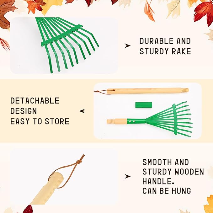 3Pcs Kids Rakes with Hardwood Handle - Metal Kids Leaves Rakes, 28" Child Size Lawn Rakes, Garden Tool Set for Kids Boys and Girls
