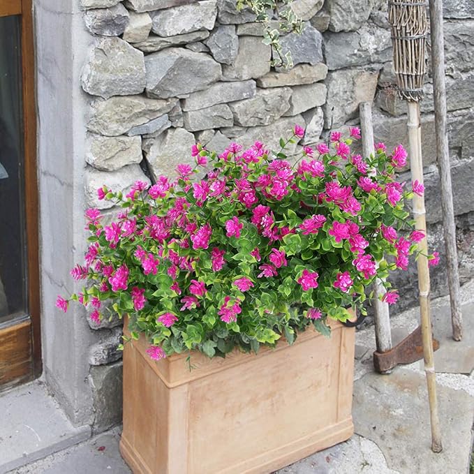 6 Bundles Artificial Flowers, Fake Artificial Greenery UV Resistant No Fade Faux Plastic Plants for Wedding Bridle Bouquet Indoor Outdoor Home Garden Kitchen Office Table Vase (Fuchsia)