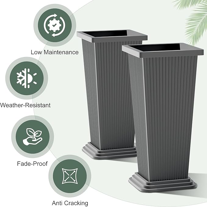 Set of 2 Tall Planters with Drainage Tray, 24 Inch Large Flower Pots for Indoor Outdoor Plants Mordern Planter Weather-Resistant for Patio, Front Door Decor, Garden (Gray Ribbed)