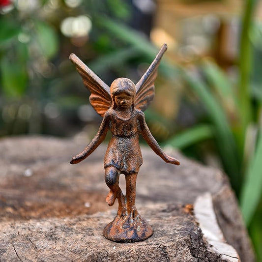 Sungmor Cast Iron Angel Statue, Rustic Brown Fairy Figurines, Creative Angel Pixie Collection Home Office Desk Decor, Indoor Outdoor Fairy Garden Accent Ornament