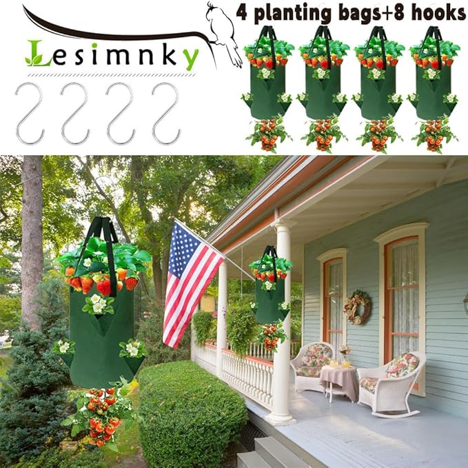 4Pack Upside Down Strawberry Planter, 3 Gallon Hanging Grow Bags for Tomato Vegetables 6 Planting Holes with 4 Hooks,Upside Down Strawberry Plant Hanger Vegetable Planting Bags for House (Dark Green)