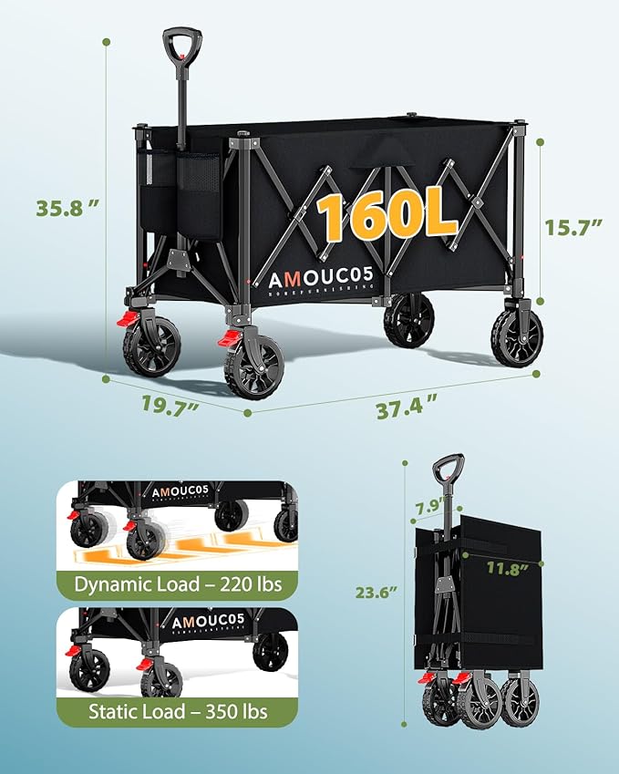 Collapsible Folding Wagon Cart,Portable Large Capacity Utility Wagon Cart for Camping Fishing Sports Shopping