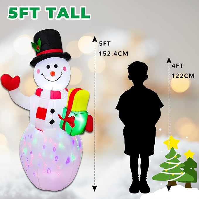 5FT Rotating LED Inflatable Snowman Outdoor Decor - Christmas Blow Up Yard Decoration with Waterproof Design, Holiday Lawn Ornament for Xmas Party Ideal Kids Gift