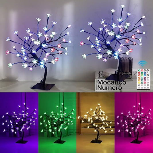 2 PK Cherry Blossom Tree Lights,Artificial Bonsai Tree with 48 Warm White Led Lights, 16.2 Inch Prelit Cherry Blossom Lamp for Christmas Party Wedding Gift Home Tabletop Decoration