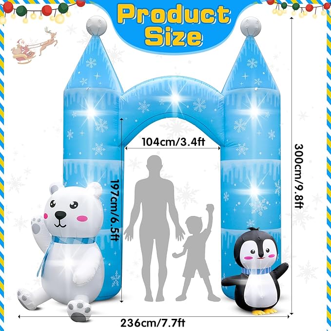 10FT Christmas Penguin Polar Bear Inflatable Arch Outdoor Decoration Snowflake Castle Blow Up Yard Decorations with 7 Lights Giant Inflation for Xmas Archway Indoor Lawn Garden Holiday Winter Party