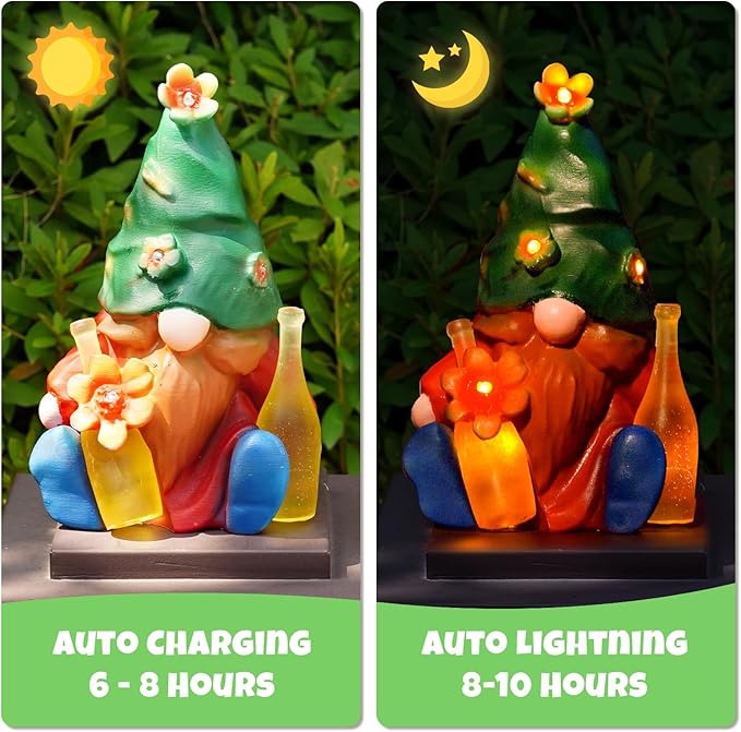 Solar Garden Statues Lights, 8.5" Christmas Outdoor Gnome Figurine with Auto On/Off for Yard Patio Decor, Gifts for Women, Grandma, Mom, Housewarming (Tipsy Bloom Gnome)