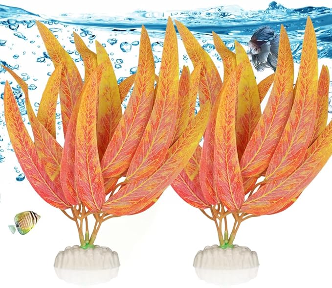 BEGONDIS 2Pcs Artificial Aquatic Plants Set - Lifelike Silk Fabric Leaves for Aquarium Decoration, Easy to Maintain, Vibrant Underwater Garden (Orange)