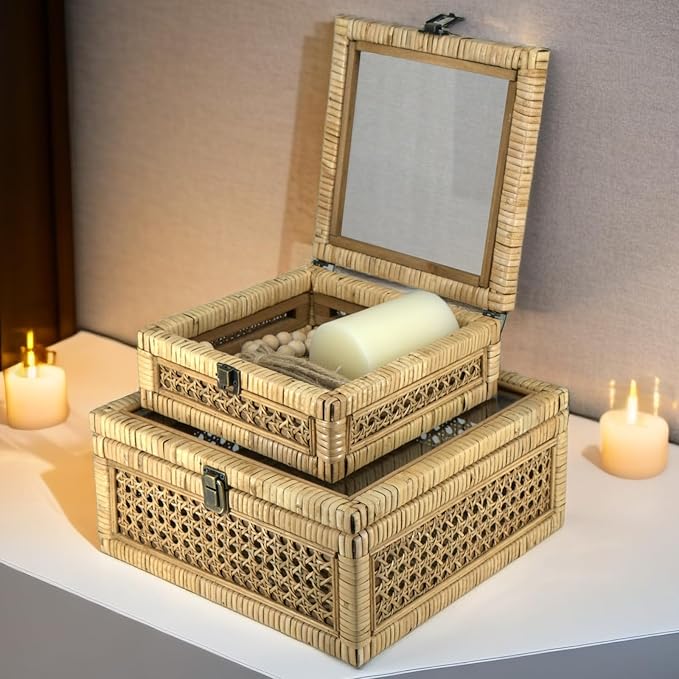 Rattan Square Box with Lid - Set of 2 Wicker Decorative Bins with Glass Cover for Display