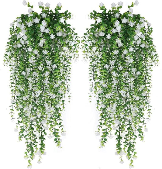 WEISPARK Artificial Hanging Flowers, 4pcs Fake Eucalyptus Vine Faux Flower Greenery Garland Plastic Plants for Indoor Outdoor Wall Garden Wedding Home Party Decor (White)