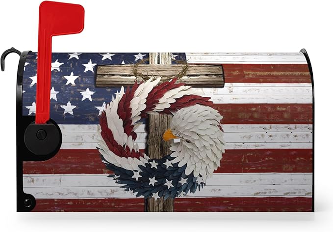 American Eagle Patriotic Mailbox Covers Magnetic Standard Size USA Flags Cross Mailbox Wraps 4th of July Mailbox Post Cover Independence Day Mailbox Decor Waterproof for Garden Yard 21x18 Inch