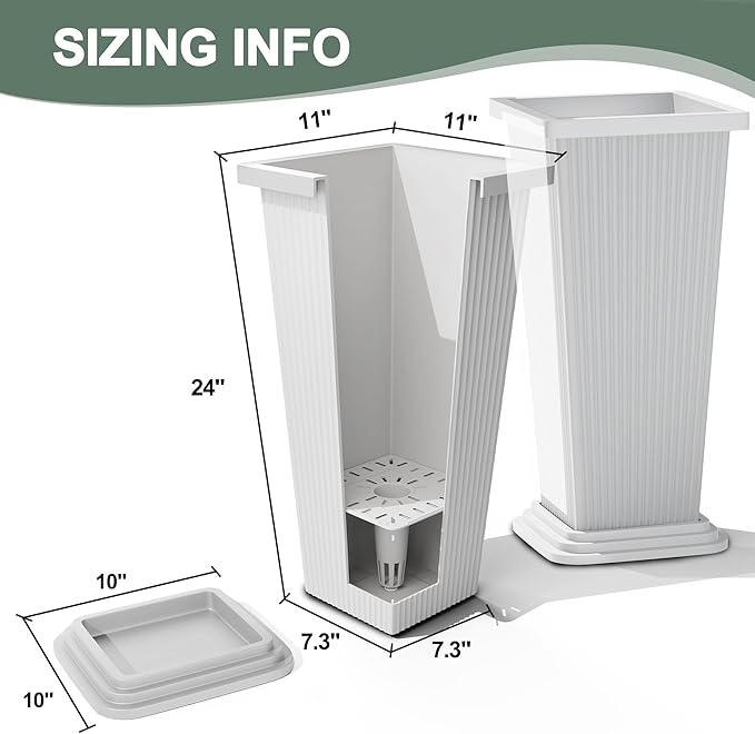 Tall Planters Set of 2, Large Indoor Outdoor Flower Pots with Tray Modern Tapered Planter for Patio, Garden, Porch, Backyard (White Ribbed 24")