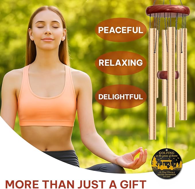 Personalized Golf Memorial Wind Chime – “Golfing on The Greens of Heaven” Custom Name, Years – Sympathy Gift for Loss of Loved One – Remembrance Windchime for Golfers & Bereavement Tribute Décor
