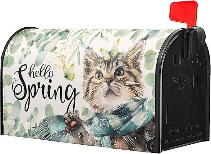 Hello Spring Cat Magnetic Mailbox Cover 21"x18" Watercolor Sage Green Eucalyptus Leaf Kitten Butterfly Mailbox Wrap Post Cover Standard Size for Garden Yard Outdoor Outside Decor