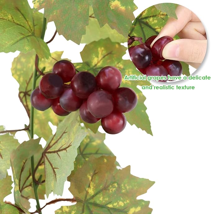 Artificial Grape Vine Leaf Garland Plant with 5 Strings Grapes, 6.5ft Artificial Fake Grape Vines Fake Greenery for Wedding Party Home Indoor Outdoors Decoration (2, Summer Leaf Garland)