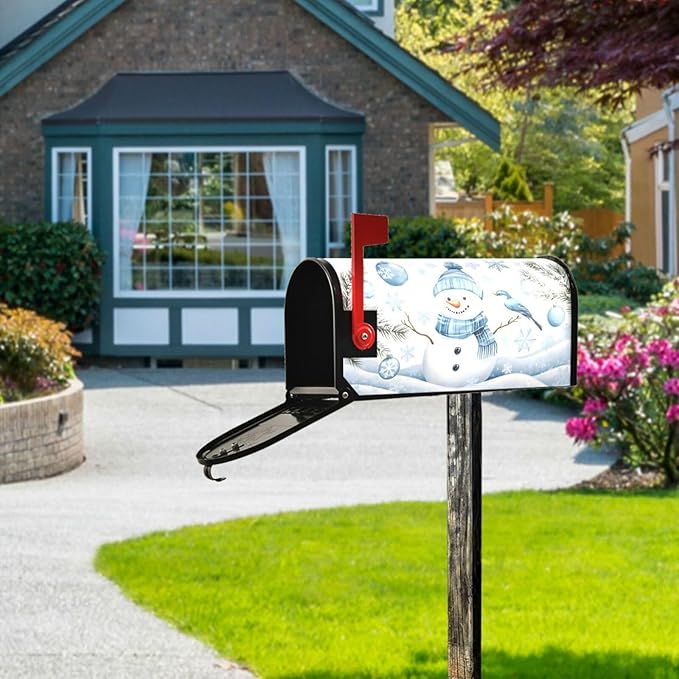 SUABO Mailbox Cover Blue Snowman with Bird Standard Magnetic Mailbox Covers Wraps for Christmas Home Yard Garden Decor