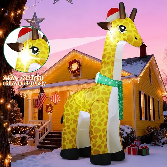COMIN 10 FT Christmas Inflatables Outdoor Decorations Inflatable Nodding Giraffe with A Santa Hat Blow Ups with Built-in LEDs for Yard Party Lawn Decor