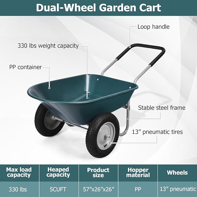 S AFSTAR 2 Wheels Wheelbarrow, Heavy Duty Garden Cart with Two 13-inch Pneumatic Tires, 330 lbs Capacity, Utility Cart for Outdoor Lawn Yard Farm Ranch (Green)