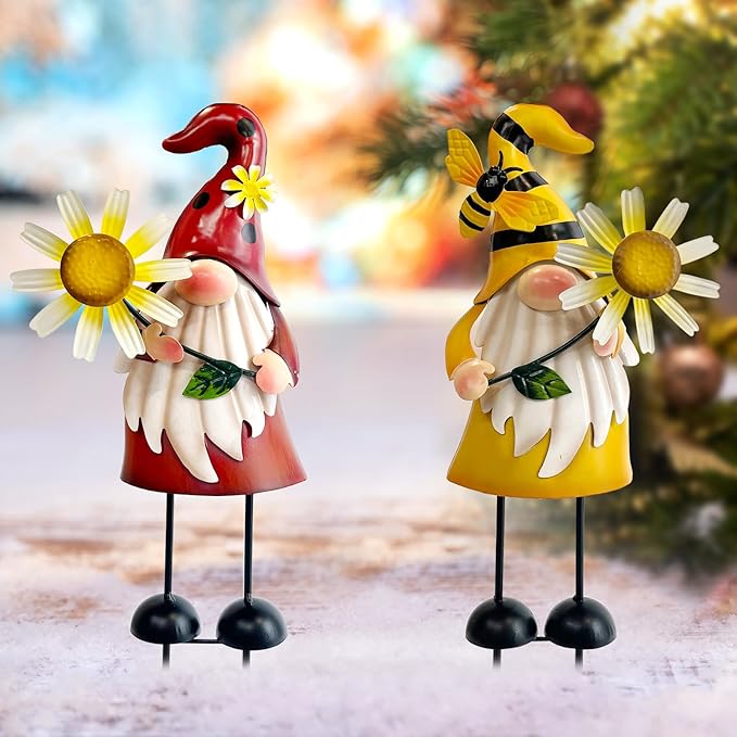 HONGLAND Gnomes Decorations for Yard - Metal Gnome Outdoor Decor Bee Ladybug Garden Statue- Christmas Decoration Thanksgiving Holiday Lawn Patio Yard Stakes (Set of 2)