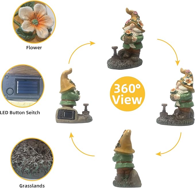 Garden Solar Gnomes Outdoor Statues with Flower Pot Gnome Outdoor Decor for Patio, Balcony, Lawn, Yard Ornament - Garden Gifts for Mothers Day, Housewarming, Festival