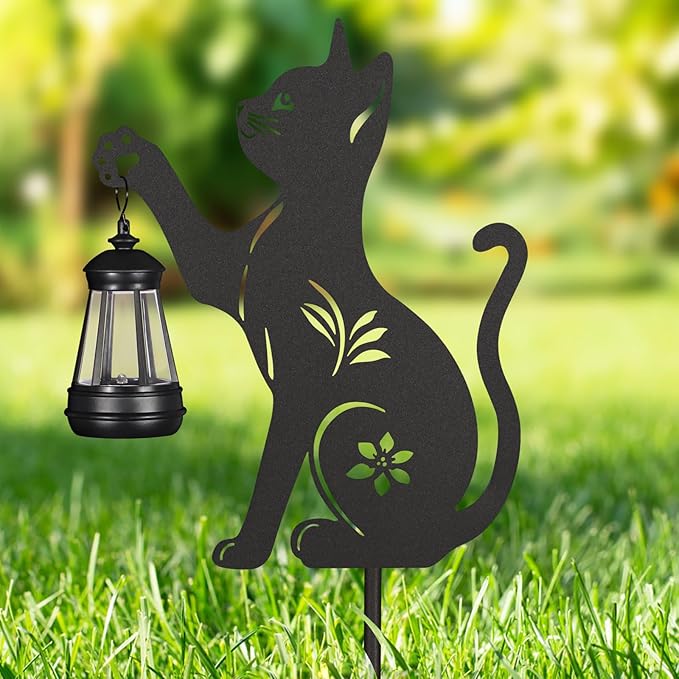 2Pack Solar Outdoor Garden Lights Stakes Solar Metal Cat Lawn Deco Statue Black Cat Patio Garden Decorative Stakes with Solar Lantern Christmas Birthday Gifts for Women Mom and Grandma