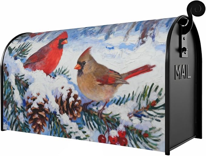 Winter Cardinal Mailbox Covers Magnetic Standard Size Christmas Snow Scene Pinecone Holly Twig Bird Holiday Outdoor Decorative Seasonal Letter Box Cases for Home Garden Outside Decor, 21x18 Inch