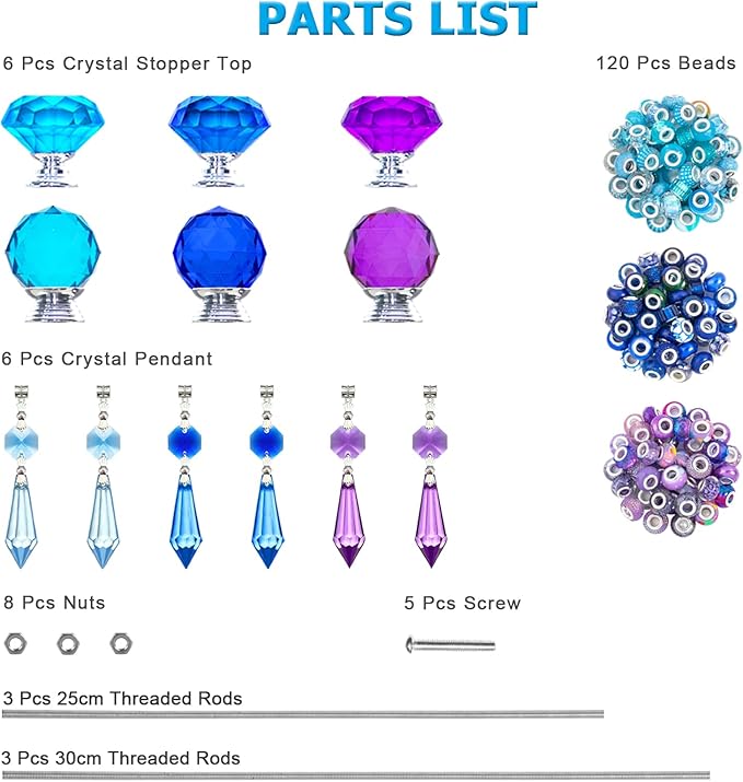 Exway 150 PCS DIY Fairy Wand Beaded Garden Stake Kits with Assortment Large Hole Beads 6 Crystal Stopper Top Threaded Rods and Sparkling Crystal Pendants for Outdoor Indoor Decor