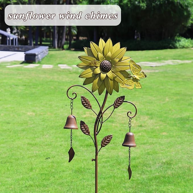 Sunflower Garden Stake with Bells, Decorative Garden Stakes for Garden Yard Patio Decor