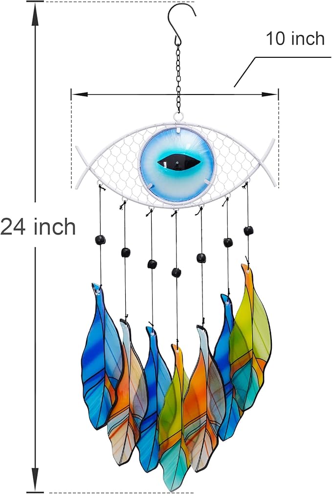 Metal Evil Eye Wind Chime，Evil Eye Wall Art Decor Colorful Glass and Metal Spiritual Wind Chimes for Outdoor Patio, Balcony, Garden, and Yard