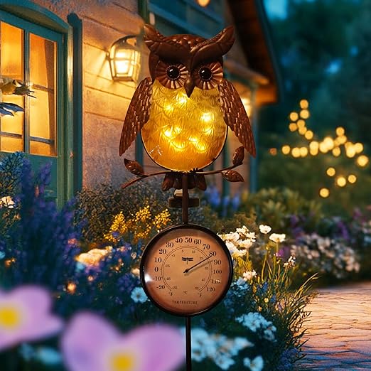 HONGLAND Solar Outdoor Temp Stakes Outdoor Thermometers for Outside Metal Owl Waterproof Patio Lawn Temperature with Solar Warm LED Lights for Yard and Garden, Holiday Gifts for Man Woman