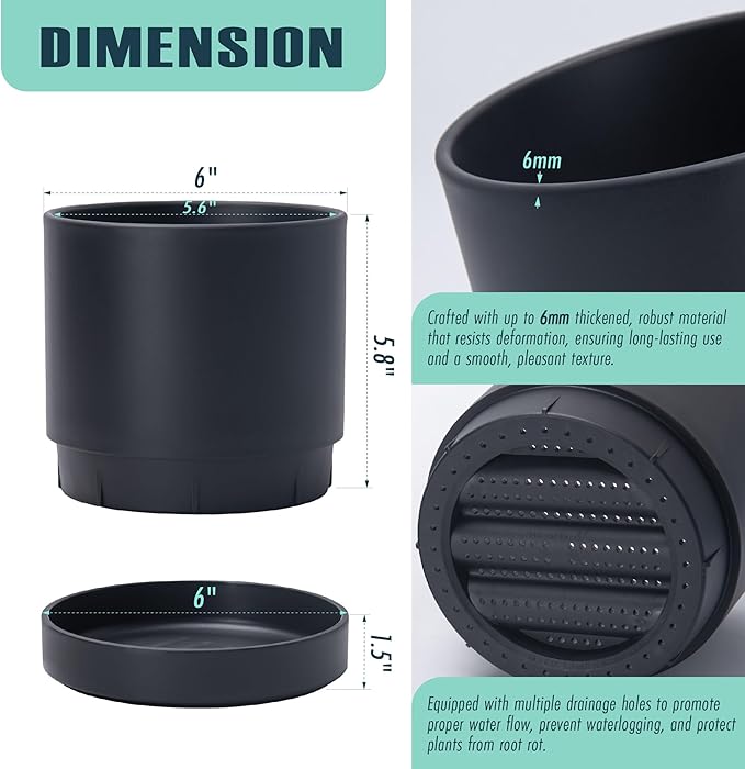 6 Inch Modern Plastic Round Pots for Indoor Houseplants and Herbs, Pack of 3 Planter Pot with Drainage Hole & Saucer, Deep Water Catch Tray, Straight Cylindrical Pot for Plants, Matte Black, 23-D-S-2