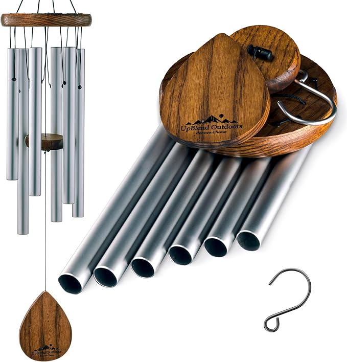 UpBlend Wind Chimes for Outside Gift – Deep Tone Wind Chime with Decorative Stone – Porch & Patio Decor, Elegant Outdoor Ornament, Garden Gifts. 28” Silver.