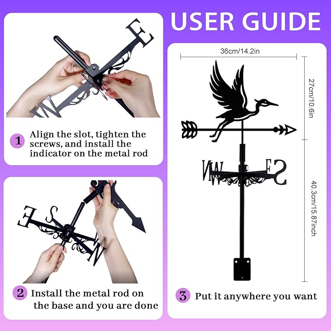 Blue Heron Weathervane Metal Wind Vane Arrow Weathercock Garden Decoration Wind Direction Indicator Stake Roof Mount Ornament for Farmhouse Yard Outdoor