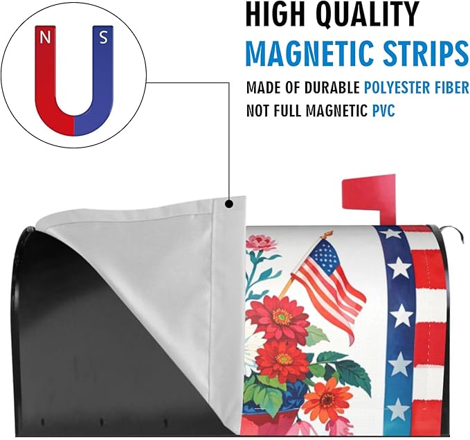 Patriotic American Flower Mailbox Cover, 4th of July Red Blue 25.1" Lx 21" W Magnetic Mailbox Cover, USA Floral Large Size Post Letter Box Wrap Decor, Independence Day Garden Yard Outdoor Decoration