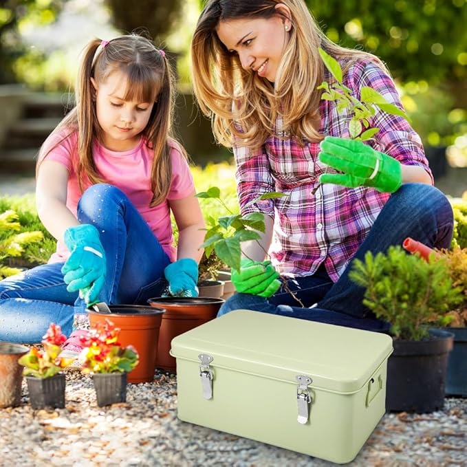 Picowe Metal Seed Storage Box Kit - 30 Seed Envelope Bags & 30 White Plant Labels for Organizing, Saving, and Storing Garden Seeds - Container for All Seed Types (Green, Large)