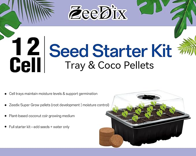 ZeeDix Seed Starter Kit, 6 Pack Seed Starter Trays with 90 PCS Coco Pellets, Base Tray for Indoor Planting, Mini Greenhouse Germination System for Herbs Vegetables Gardening Supplies(72 Cells)