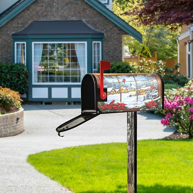 SUABO Mailbox Cover Window Poinsettia Cardinal Oversize Magnetic Mailbox Covers Wraps for Christmas Home Yard Garden Decor
